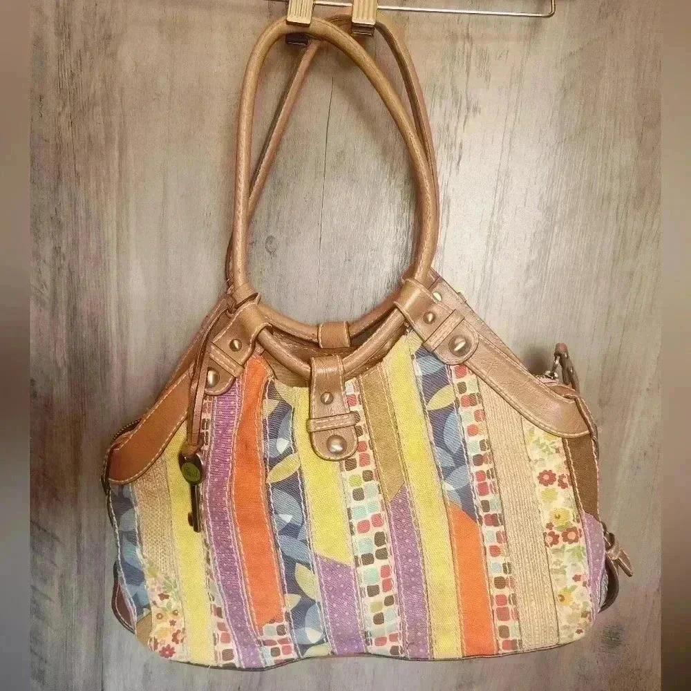 FOSSIL Patchwork Multicolor Shoulder Bag With Key… - image 1